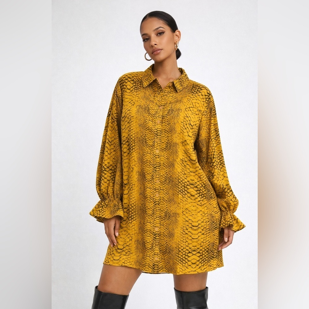 Missguided Mustard Snake Print Button Front Shirt Dress US 8